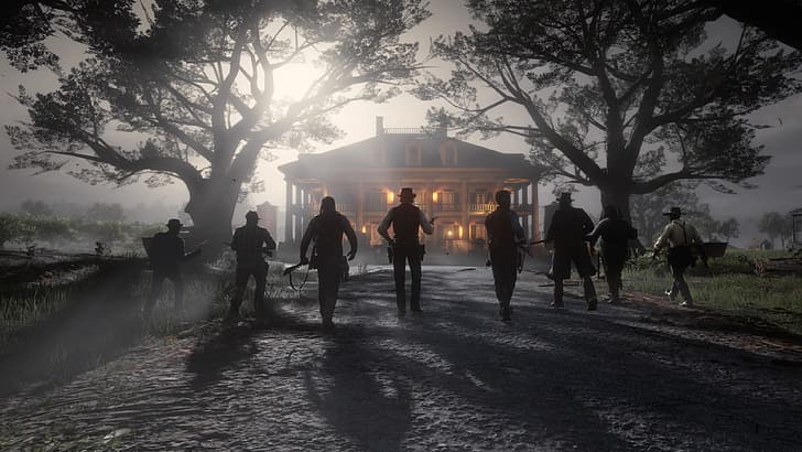 People walking into the mansion